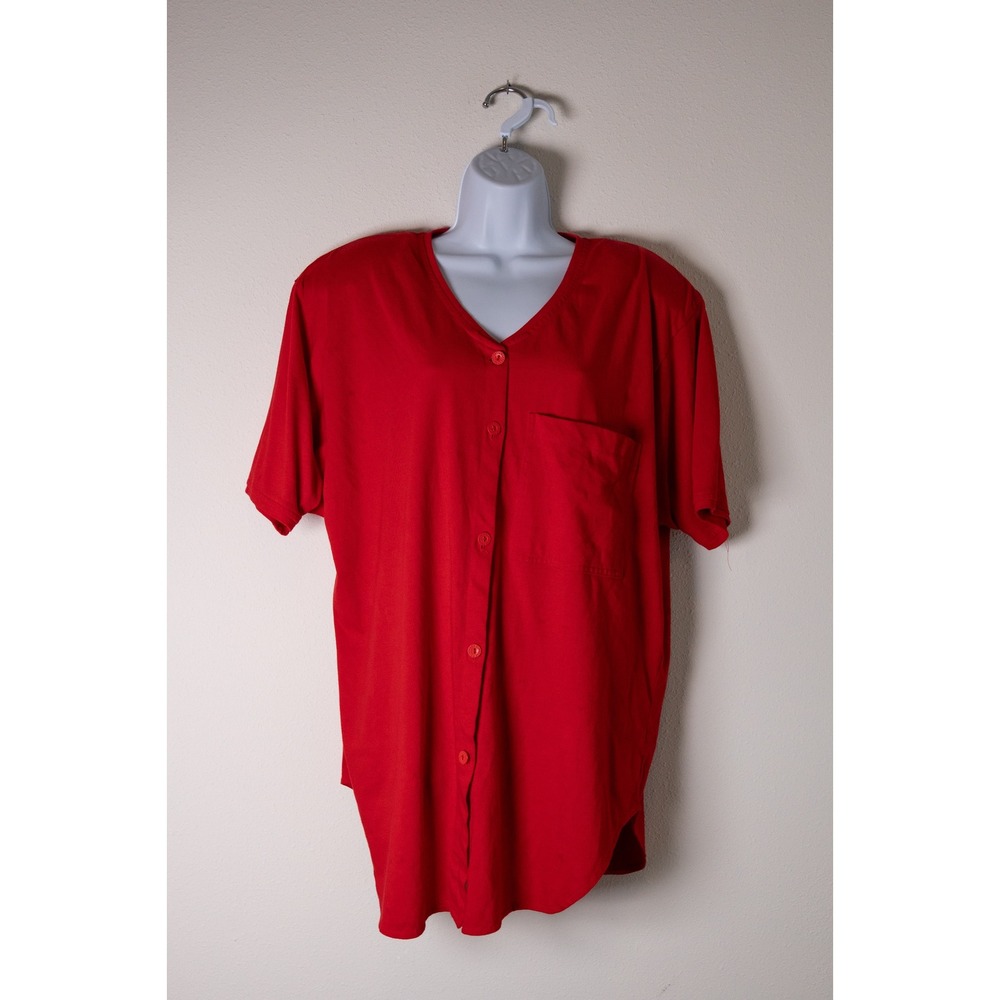 Express Top Women Large Red Vintage 90s Button Back Short Sleeve V-Neck Pocket